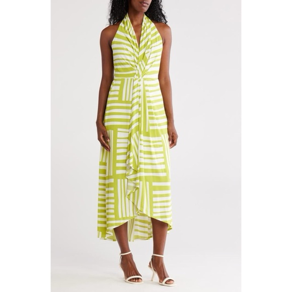 NWT Calvin Klein Knot Front Sleeveless Maxi Dress Abstract Print in Celery White - Picture 1 of 3